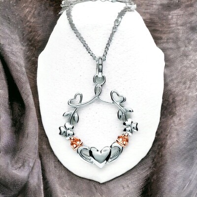 Sterling Silver heart shamrock claddagh pendant