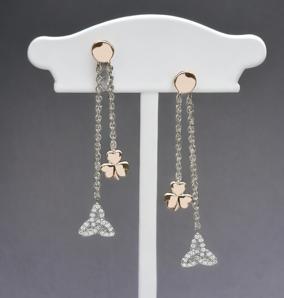 Rose Gold Shamrock and Trinity Earrings Rose gold plated Irish shamrock and CZ trinity knot drop earrings in sterling silver, handcrafted Celtic jewelry.