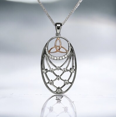 Sterling Silver Celtic Interlaced Pendant Necklace with Rose Gold Trinity Knot