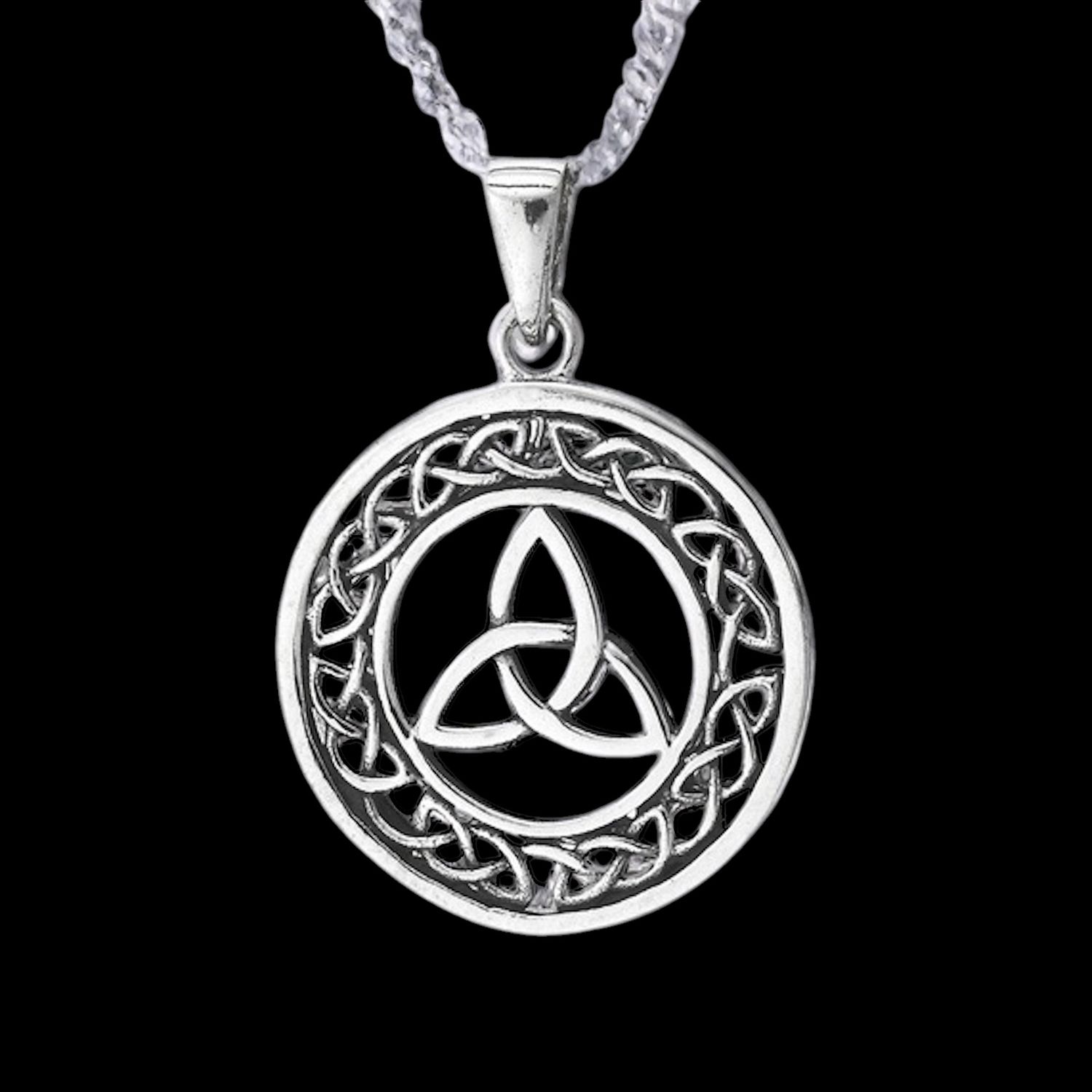 Sterling Silver Trinity Knot and Celtic Knotwork Pendant Necklace on Black Background.