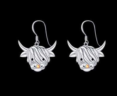 Scottish Highland Cow Earrings Sterling silver Scottish Highland Cow earrings, handcrafted Scottish jewelry gift, made in Scotland, shown on black