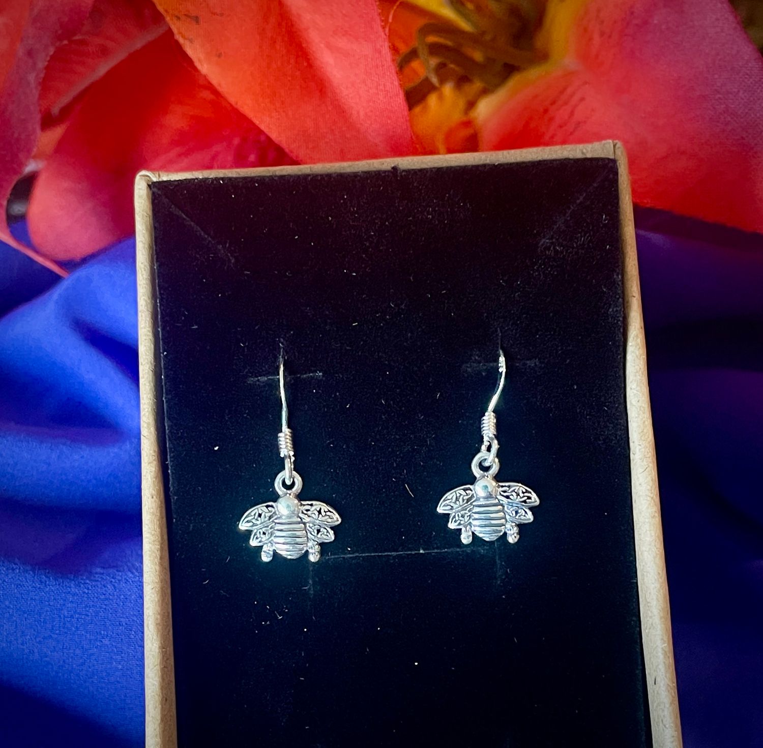 Outlander Inspired Celtic Bee Earrings Sterling silver Outlander-inspired bee earrings with Celtic design, handcrafted Celtic jewelry shown in jewelry box.