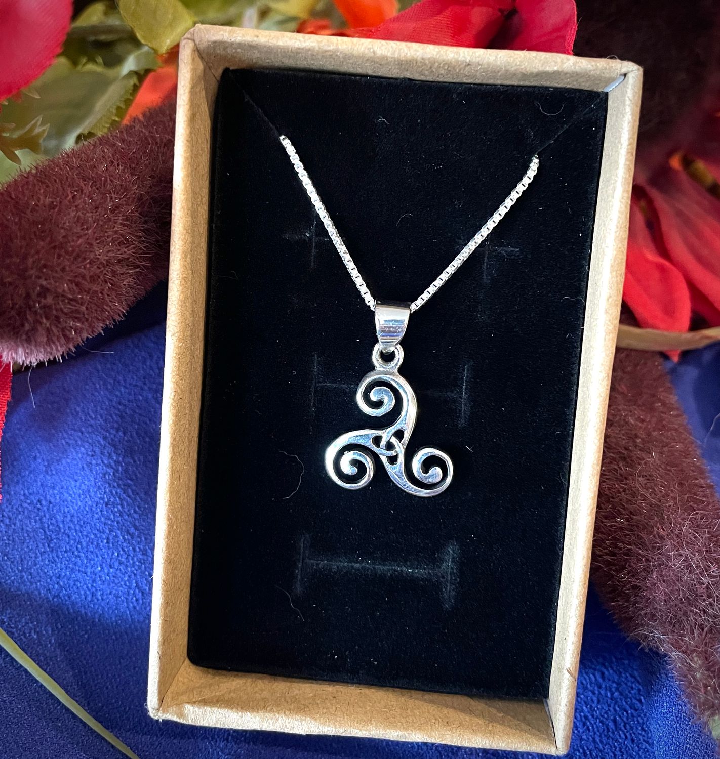 Sterling Silver Celtic Triskele Pendant Necklace on Silver Chain in Jewelry Box.