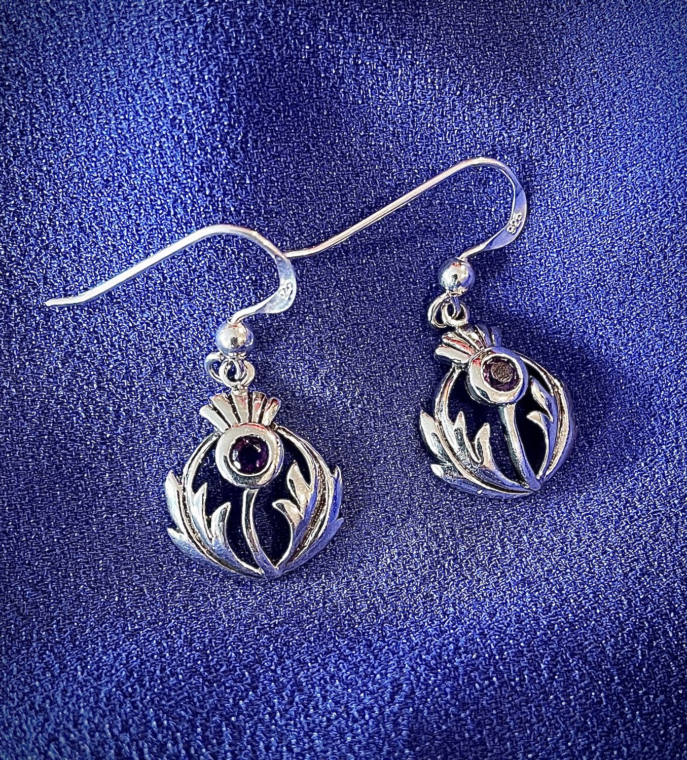 Scottish Thistle with Amethyst Earrings Sterling silver Scottish thistle earrings with central amethyst CZ stone, celebrating Scottish and Celtic heritage.