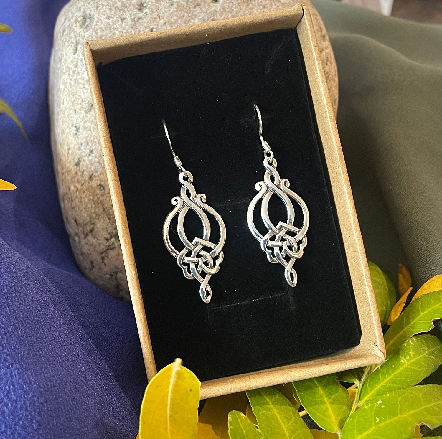 Celtic Knotwork Drop Earrings Sterling silver Celtic knotwork drop earrings, handcrafted Celtic jewelry with intricate design, shown in jewelry box.