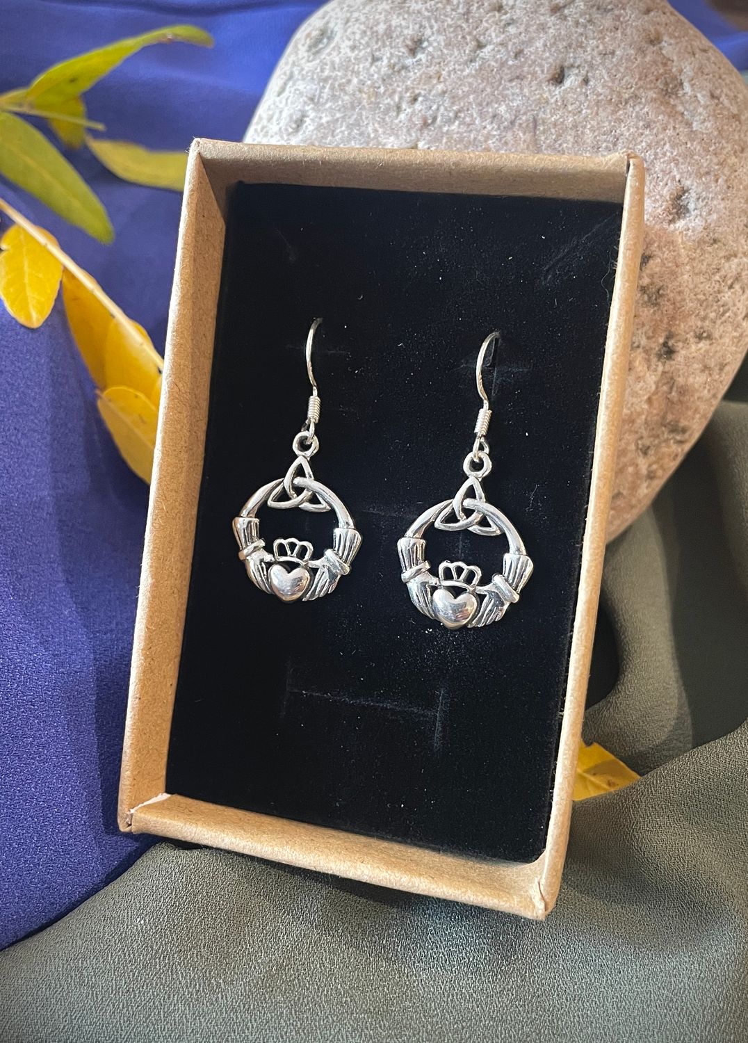 Silver Claddagh and Trinity Knot Earrings Sterling silver Irish Claddagh earrings featuring the traditional hands, heart, and crown design symbolizing love, loyalty,