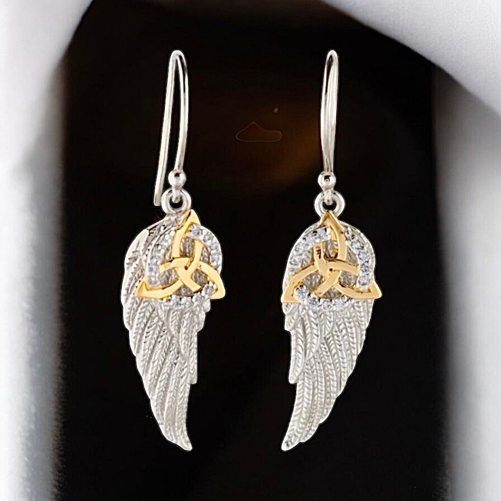 Silver Angel Wing Earrings with Gold Plated Trinity Knot Silver Angel Wing Earrings with Gold Plated Trinity Knot