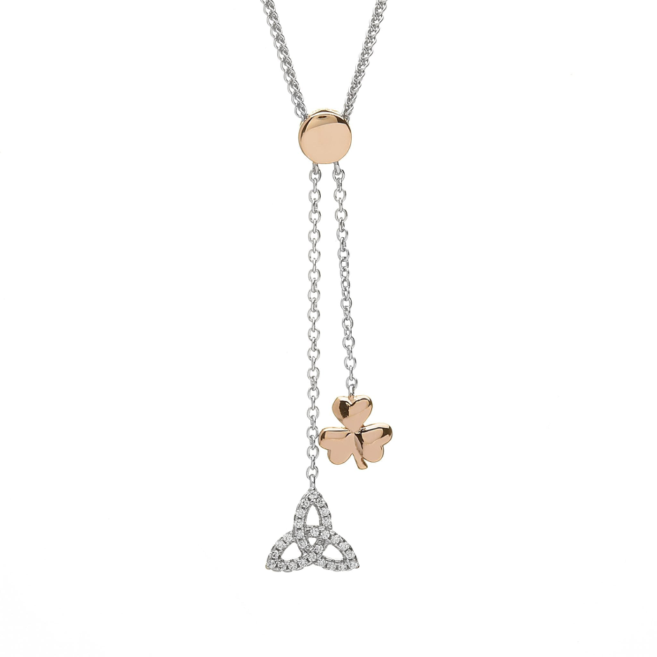Stylish Rose Gold Plated Shamrock & Trinity Knot Pendant necklace, on white background. 