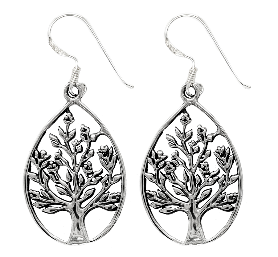Tree of Life Earring - Lowri Celtic Tree of Life drop earrings in sterling silver, teardrop shape, celebrating Irish heritage.