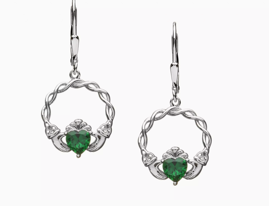Silver Green Drop Claddagh Earrings Sterling silver Green Drop Claddagh Earrings